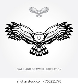 Hand drawn owl illustration.
Isolated vector logo.