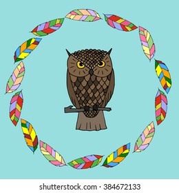 Hand drawn owl. Limpet Shell background