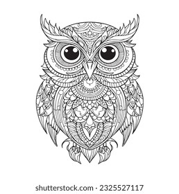 Hand drawn Owl Mandala for anti stress Coloring Page with high details, illustration in zentangle style. Vector monochrome sketch. Mural art. Bird collection