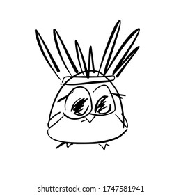 Hand drawn owl with native american roach. Cute character with big eyes. Owl leader mascot with feathers on his head. Outline bird with feathers headdress. Vector sketch print. Ink stock illustration