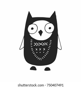 Hand drawn owl. Nursery poster in scandinavian style. Monochrome vector illustration.