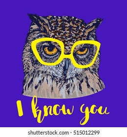 Hand drawn owl portrait with yellow glasses and quote I know you, vector illustration