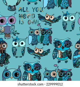 hand drawn owl seamless pattern