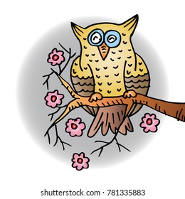 Hand drawn Owl sitting on branch .