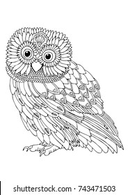 Hand drawn owl. Sketch for anti-stress adult coloring book in zen-tangle style. Vector illustration  for coloring page.