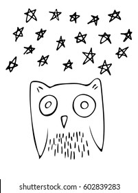 Hand drawn owl with stars. Cute modern illustration. Good for use in print design or greeting cards