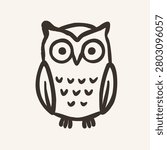 Hand drawn owl in whimsical doodle minimal style. Woodland forest bird outline vector illustration isolated for nursery and print.