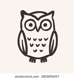 Hand drawn owl in whimsical doodle minimal style. Woodland forest bird outline vector illustration isolated for nursery and print.