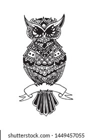Hand drawn owl. Zentangle Art. Coloring page.