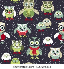 Hand drawn owls seamless Christmas pattern. Owls at night seamless background.
Vector background for fabric, wallpaper, gift wrapping paper. Pajamas pattern. Print for kids, baby, children.