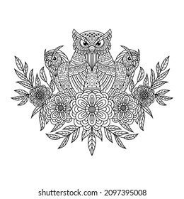 Hand drawn of owls in zentangle style