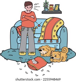 Hand Drawn owner is angry dog messed up the room illustration in doodle style isolated on background