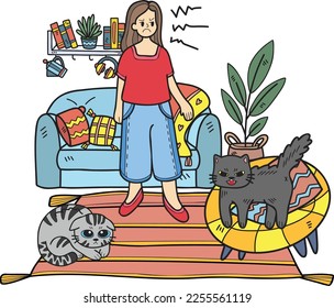 Hand Drawn The owner was angry with the naughty cat illustration in doodle style isolated on background