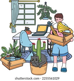 Hand Drawn The owner arranges a new house with cats illustration in doodle style isolated on background