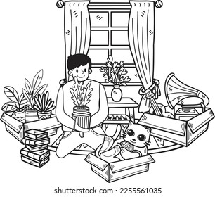 Hand Drawn The owner arranges a new house with cats illustration in doodle style isolated on background