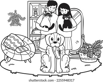 Hand Drawn The owner carries the cat with dog holding shoes illustration in doodle style isolated on background