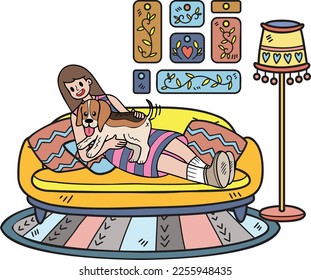 Hand Drawn owner and dog are sleeping in the room illustration in doodle style isolated on background