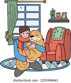 Hand Drawn owner and dog are sleeping in the room illustration in doodle style isolated on background