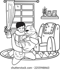 Hand Drawn owner and dog are sleeping in the room illustration in doodle style isolated on background