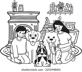 Hand Drawn The owner hugged the dog in the room illustration in doodle style isolated on background