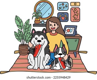 Hand Drawn The owner hugged the dog in the room illustration in doodle style isolated on background