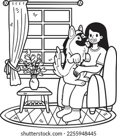 Hand Drawn The owner hugged the dog in the room illustration in doodle style isolated on background