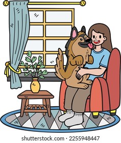 Hand Drawn The owner hugged the dog in the room illustration in doodle style isolated on background