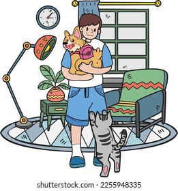 Hand Drawn The owner hugs the dog and catin the living room illustration in doodle style isolated on background