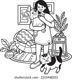 Hand Drawn The owner hugs the dog and catin the living room illustration in doodle style isolated on background