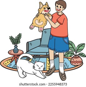 Hand Drawn The owner hugs the dog and catin the living room illustration in doodle style isolated on background