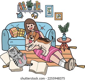 Hand Drawn The owner hugs the dog and catin the living room illustration in doodle style isolated on background