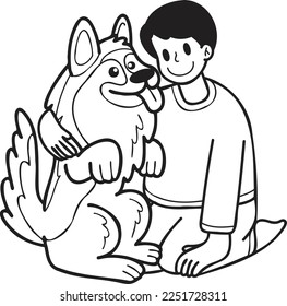 Hand Drawn owner hugs German Shepherd Dog illustration in doodle style isolated on background