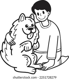 Hand Drawn owner hugs Samoyed Dog illustration in doodle style isolated on background