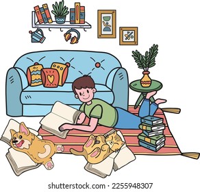 Hand Drawn owner is lying in the room reading a book with the dog and cat illustration in doodle style isolated on background