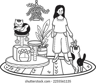 Hand Drawn The owner plays with the cat in the room illustration in doodle style isolated on background