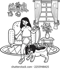 Hand Drawn The owner plays with the dog in the room illustration in doodle style isolated on background