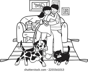Hand Drawn owner plays with the dogs and cats in the room illustration in doodle style isolated on background
