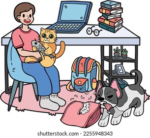 Hand Drawn owner plays with the dogs and cats in the office room illustration in doodle style isolated on background