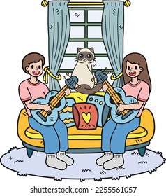 Hand Drawn The owner plays guitar with the cat in the living room illustration in doodle style isolated on background