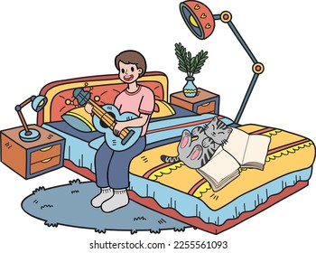 Hand Drawn The owner plays guitar with the cat in the bedroom illustration in doodle style isolated on background