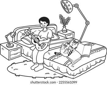 Hand Drawn The owner plays guitar with the cat in the bedroom illustration in doodle style isolated on background