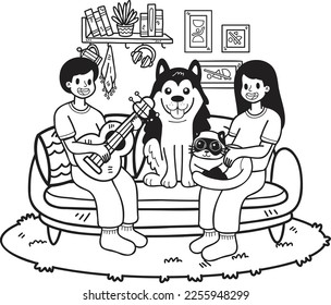 Hand Drawn The owner plays guitar with the dog and cat in the living room illustration in doodle style isolated on background