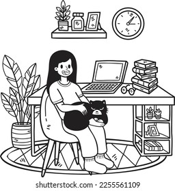 Hand Drawn The owner sits and hugs the cat in the office illustration in doodle style isolated on background