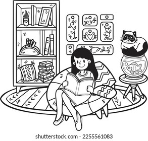 Hand Drawn The owner sits and reads a book with the cat in the living room illustration in doodle style isolated on background