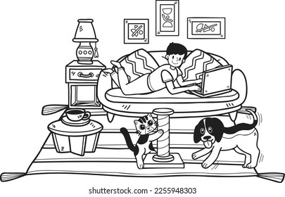 Hand Drawn owner is sleeping with the dog and cat in the room illustration in doodle style isolated on background