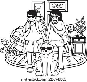 Hand Drawn owner is traveling with Golden retriever Dog illustration in doodle style isolated on background