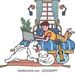 Hand Drawn Owner working on laptop with dog and cat in bedroom illustration in doodle style isolated on background