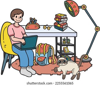 Hand Drawn Owner working on laptop with cat in office illustration in doodle style isolated on background