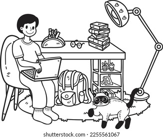 Hand Drawn Owner working on laptop with cat in office illustration in doodle style isolated on background
