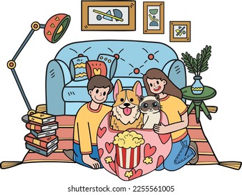 Hand Drawn owners are watching movies in blankets with dogs and cats illustration in doodle style isolated on background